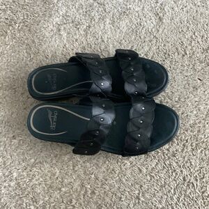 Dansko Women's Black Leather Small Studs Slip On Flat Platform Summer Sandals